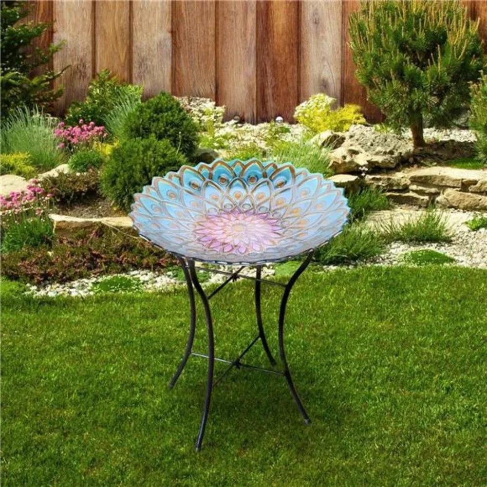 Handpainted Mosaic FlowerFusion Glass Pedestal BirdBath for Outdoor Patio Garden